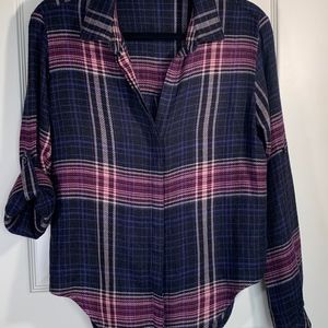 Cloth & Stone blue plaid high-low button down M
